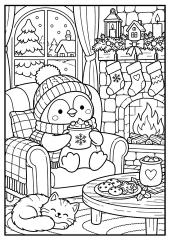 A penguin warms up with hot cocoa in a sweet and snowy winter setting.