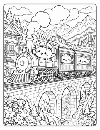 A dumpling rides a steam train through mountains and pine trees above a winding river.