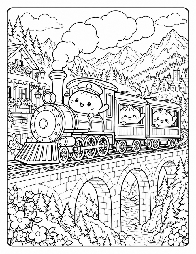 Des squishy dumplings voyagent dans un petit train à vapeur sur un viaduc
