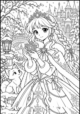 Ausmalbild zum Ausdrucken: Manga-Prinzessin im Winterpalast, schwarz-weiße PNG-Vorlage