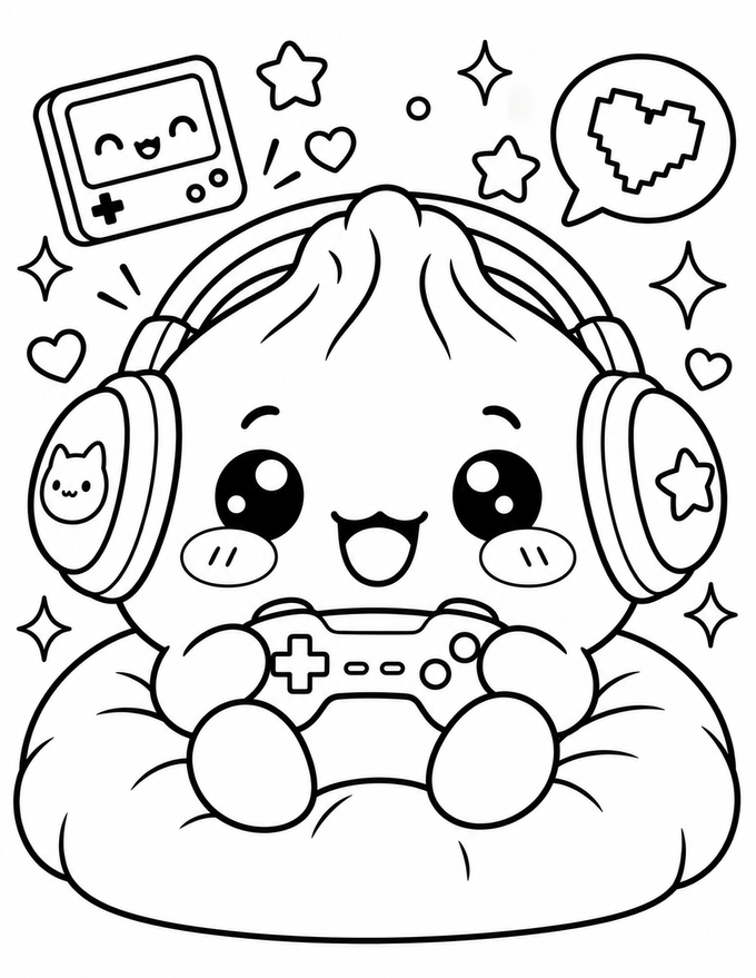 Coloriage squishy dumpling gamer avec casque audio et manette de jeu vidéo