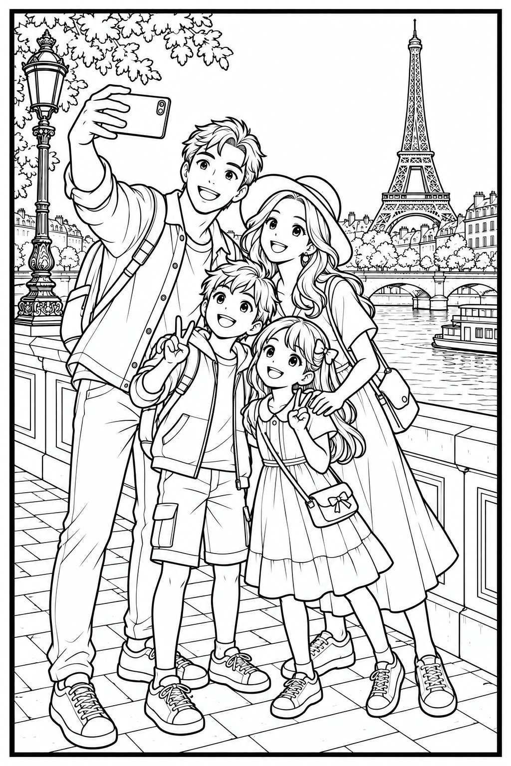 Una familia de cuatro personas se hace un selfie junto al Sena en París.