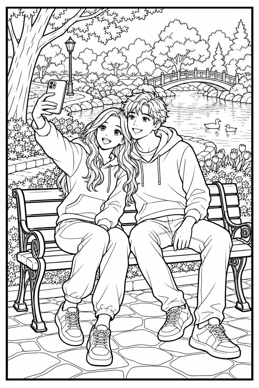 Dos amigos se hacen un selfie en un banco del parque.