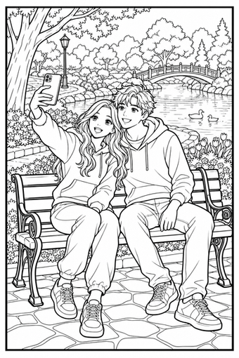 Deux amis font un selfie sur un banc dans un parc. Le pont, l’étang, les canards et les fleurs prolongent la scène autour des personnages.