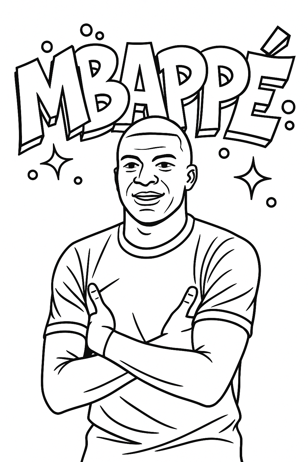 Coloriage de Kylian Mbappé les bras croisés devant le graffiti MBAPPÉ à imprimer gratuitement