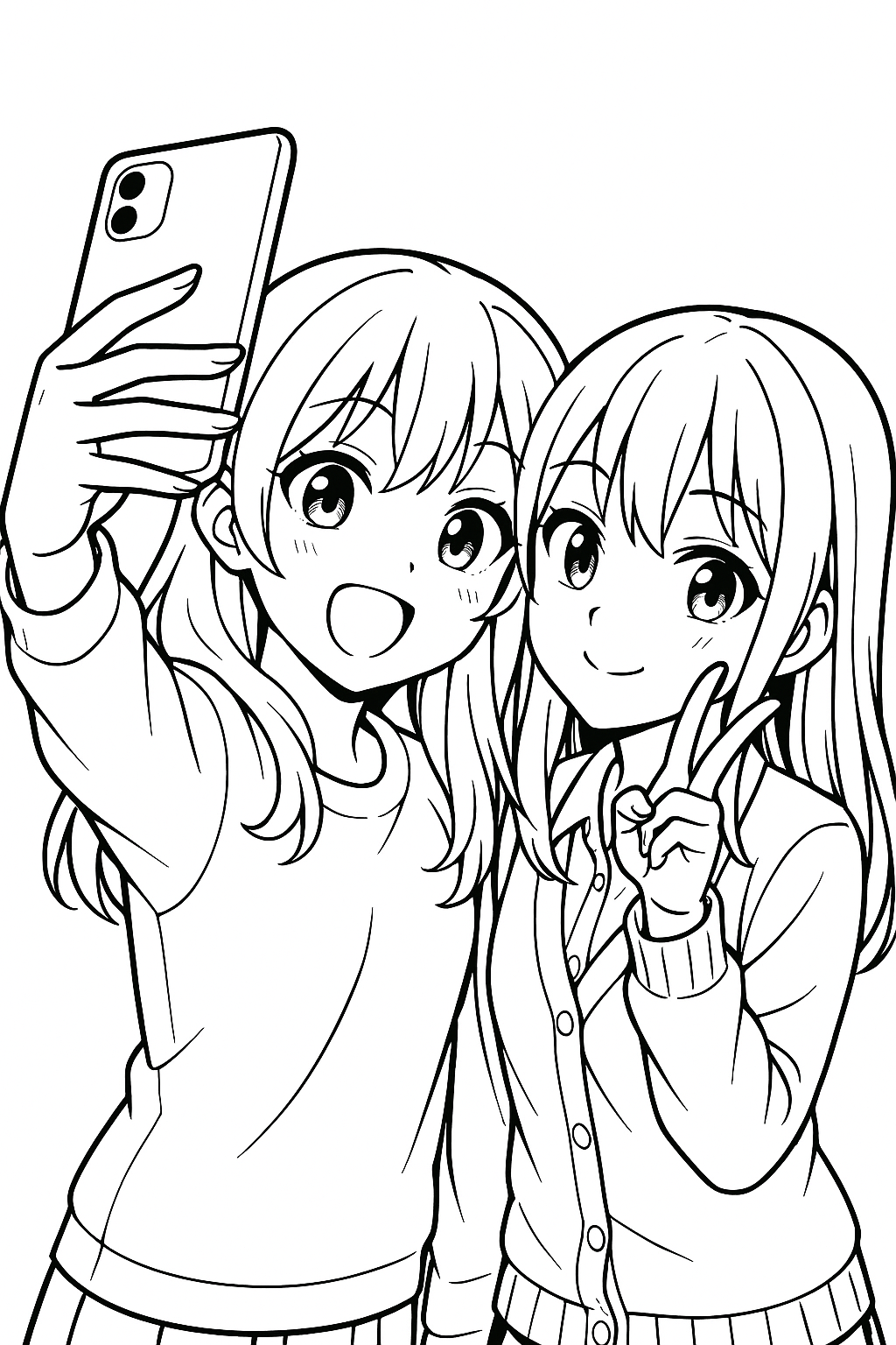 Coloriage de deux amies manga prenant un selfie, l’une tenant le téléphone et l’autre faisant un signe de la main à imprimer gratuitement