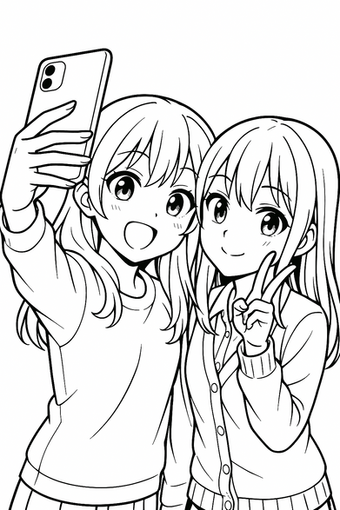 Two manga friends pose for a selfie, one holding the phone while the other waves.