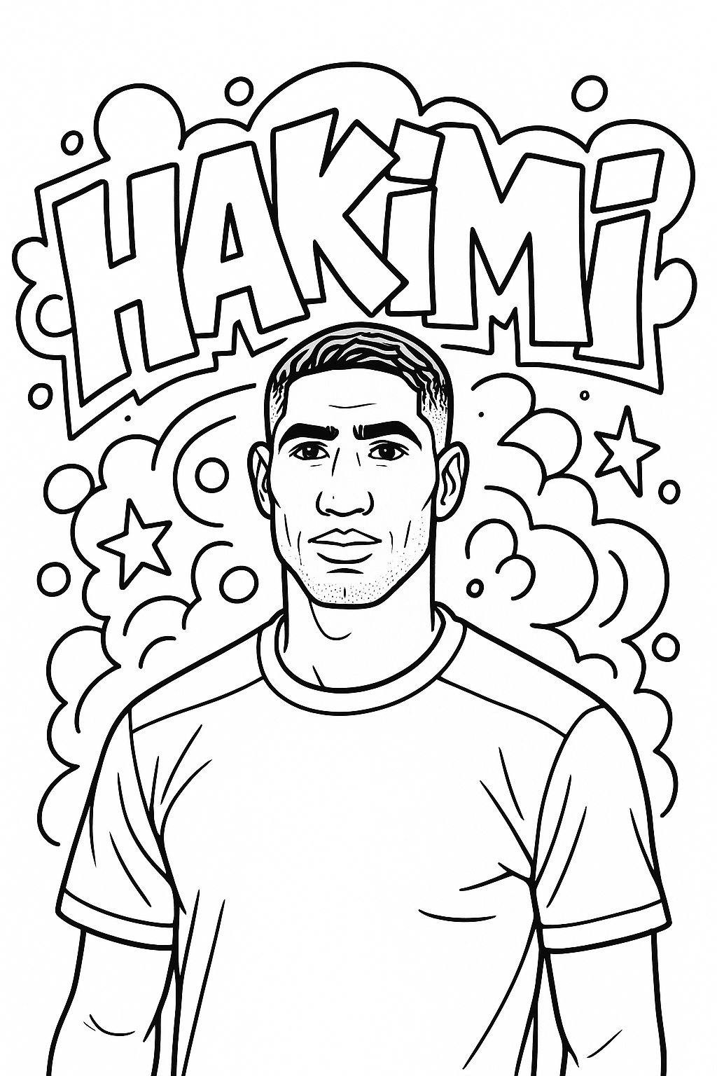 Coloriage du portrait d’Achraf Hakimi devant le graffiti HAKIMI et des étoiles à imprimer gratuitement