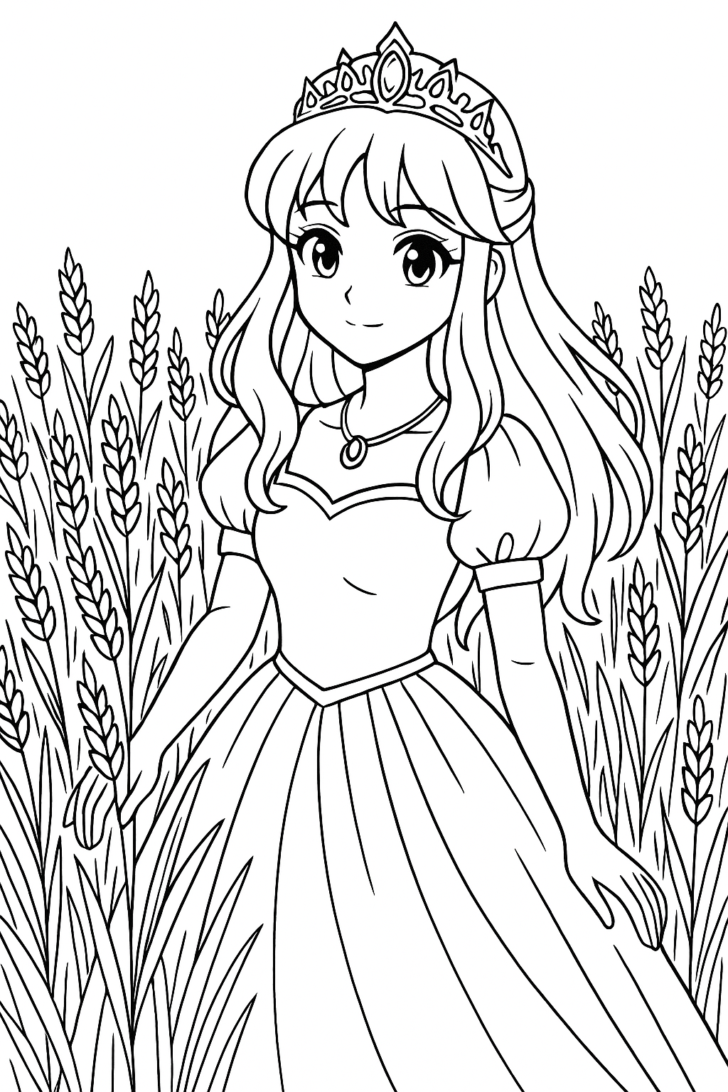 Coloriage d’une princesse manga portant une couronne dans un champ de blé entourée de grands épis à imprimer gratuitement