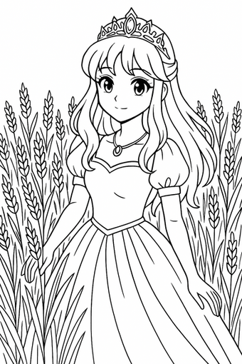 A manga princess stands among tall wheat in a peaceful countryside.