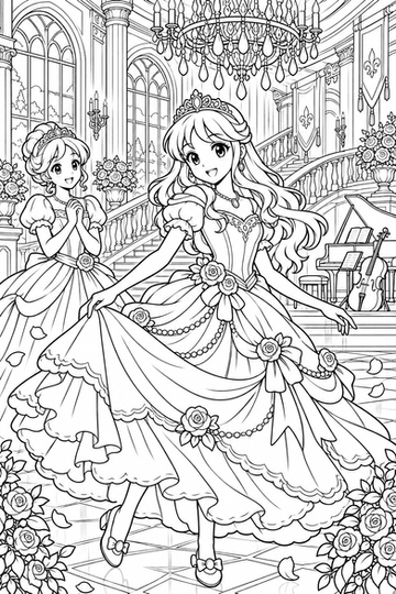 Una princesa hace girar su vestido en un gran salón de baile