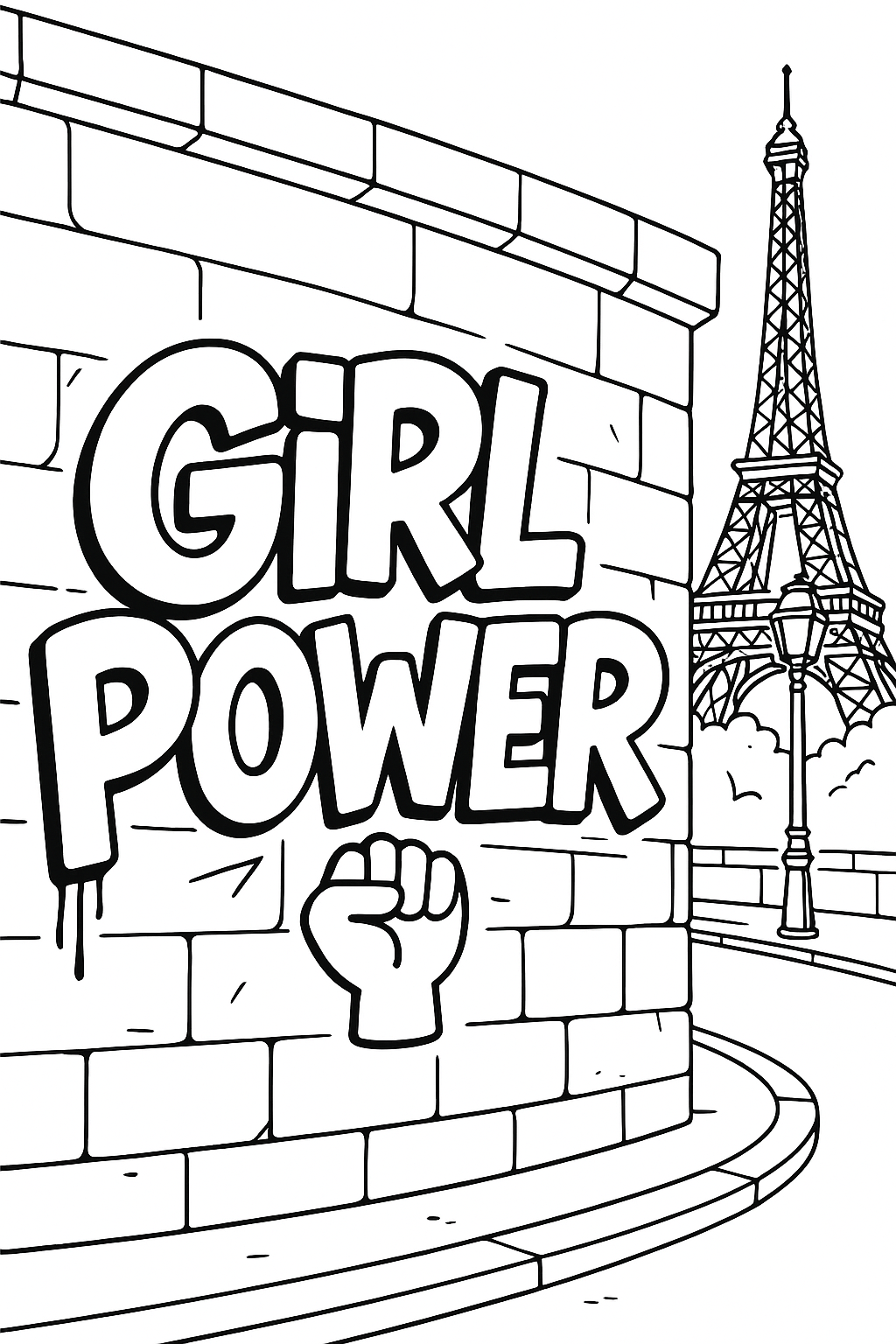 Coloriage du graffiti GIRL POWER et d’un poing levé sur un mur de briques près de la tour Eiffel à imprimer gratuitement
