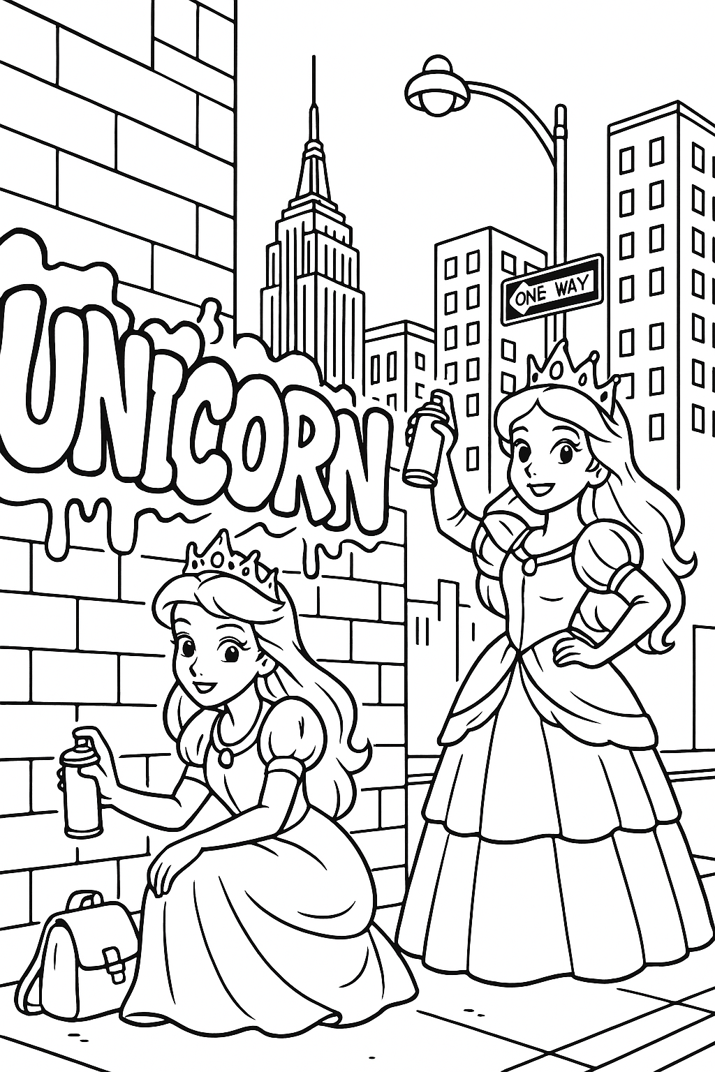 Coloriage de deux princesses manga avec des bombes de peinture devant un graffiti UNICORN dans une rue bordée d’immeubles à New York à imprimer gratuitement