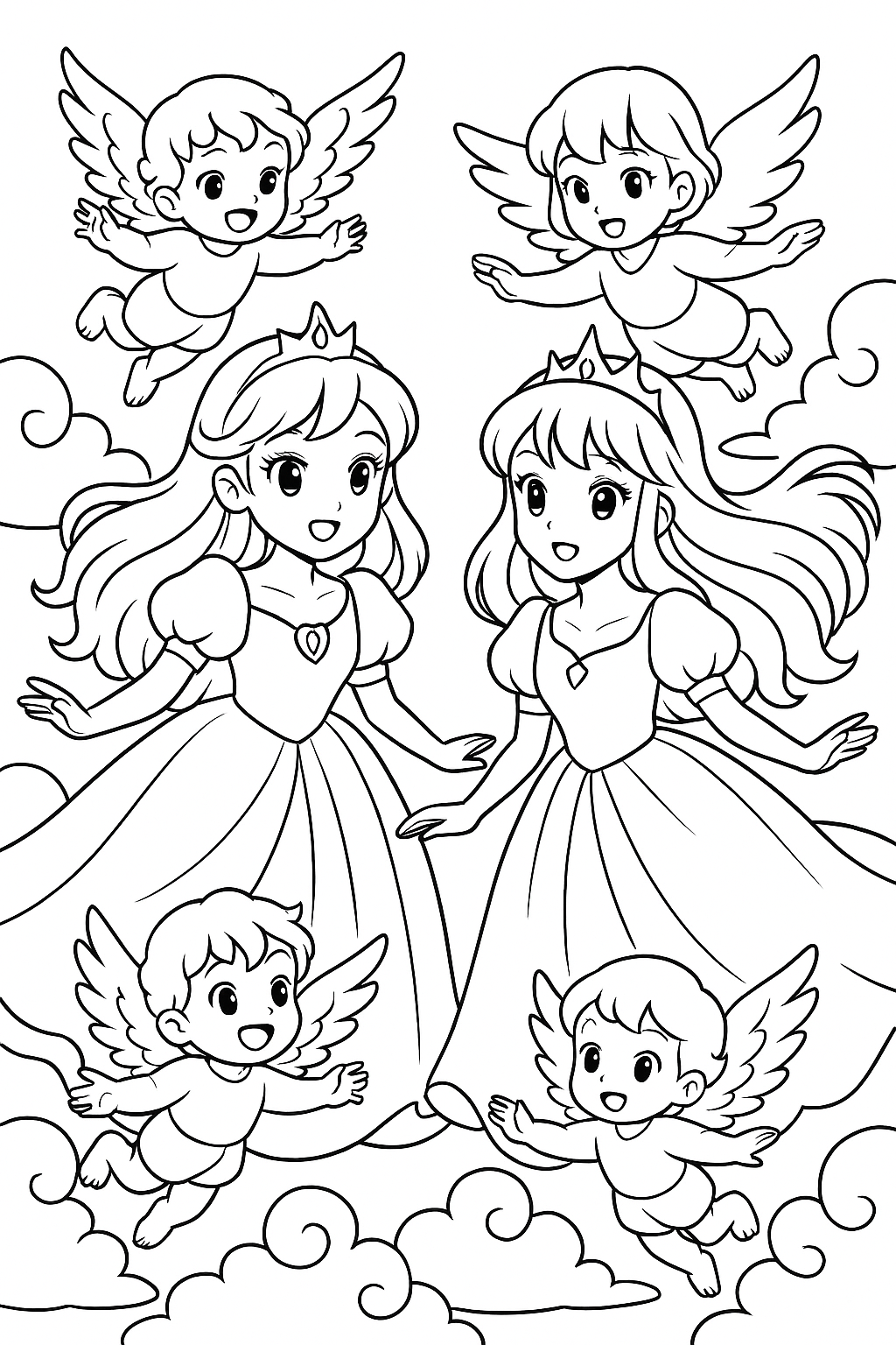 Coloriage de deux princesses manga entourées de quatre petits anges ailés dans les nuages à imprimer gratuitement