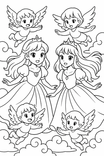 Gentle manga princesses gather with adorable little angels.