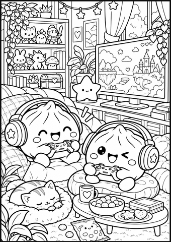 Two dumplings play video games in a cozy room with controllers, headsets, a screen, and shelves.