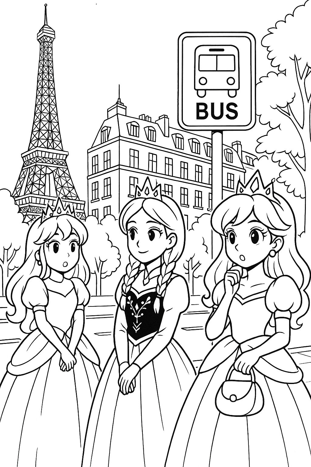Coloriage de trois princesses manga près d’un panneau d’arrêt de bus devant la tour Eiffel et des immeubles parisiens à imprimer gratuitement