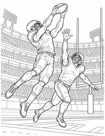 A wide receiver jumps high to make an exciting touchdown catch while a defender tries to stop the play. Print and color this stadium moment.