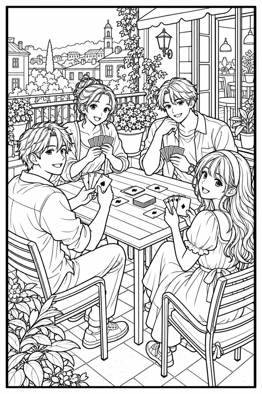 Cuatro amigos juegan a las cartas en una terraza.