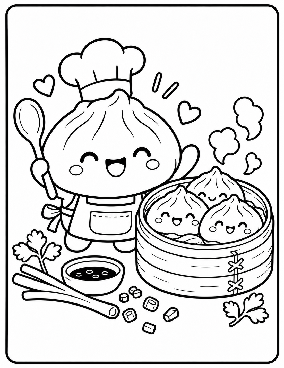 Coloriage d’un chef squishy dumpling kawaii avec panier vapeur à imprimer gratuitement