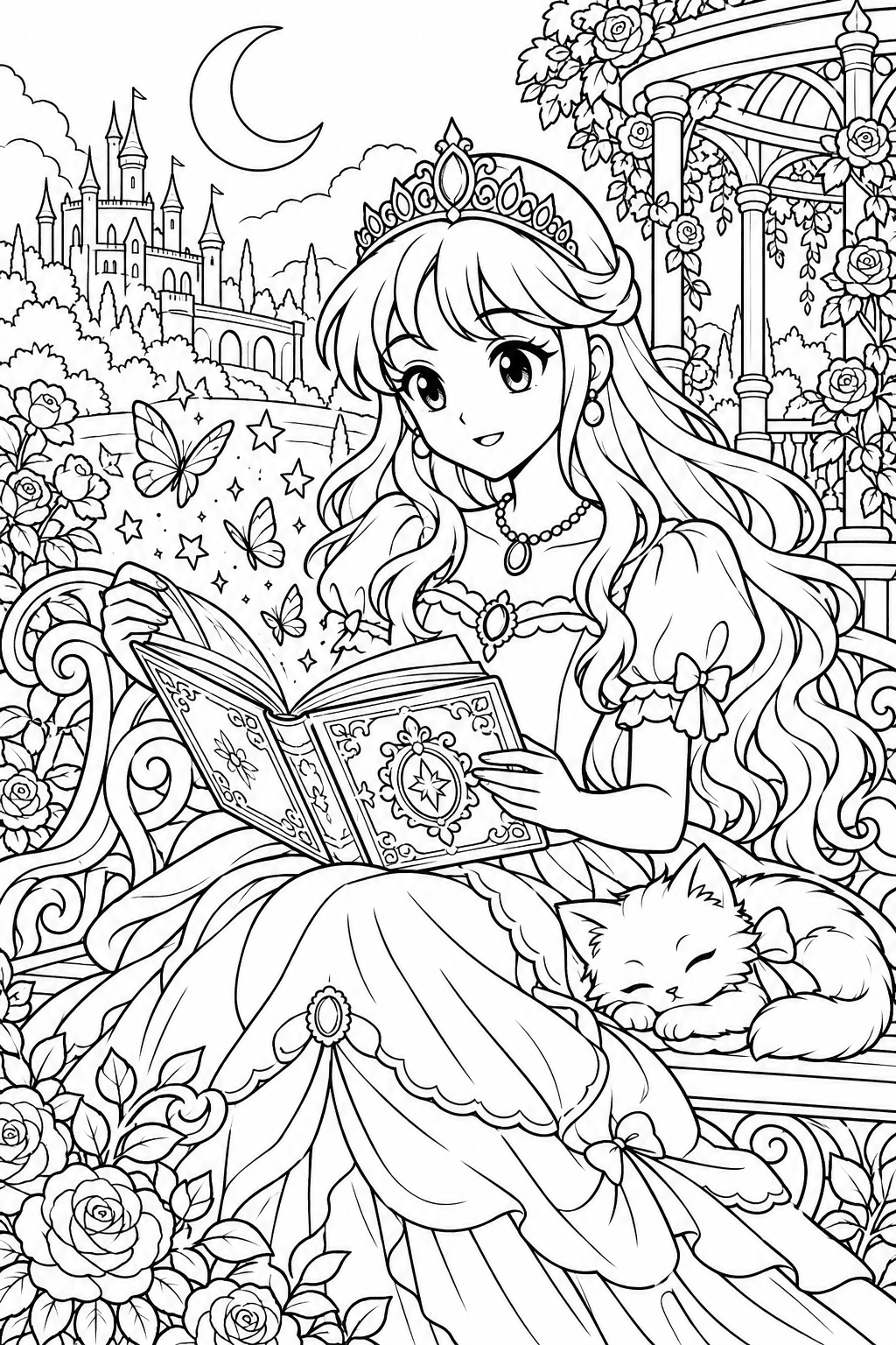 Una princesa abre un libro mágico en un jardín iluminado por la luna