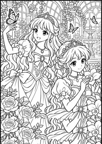 Twee manga-prinsessen in een rozentuin met vlinders onder een glazen overkapping.