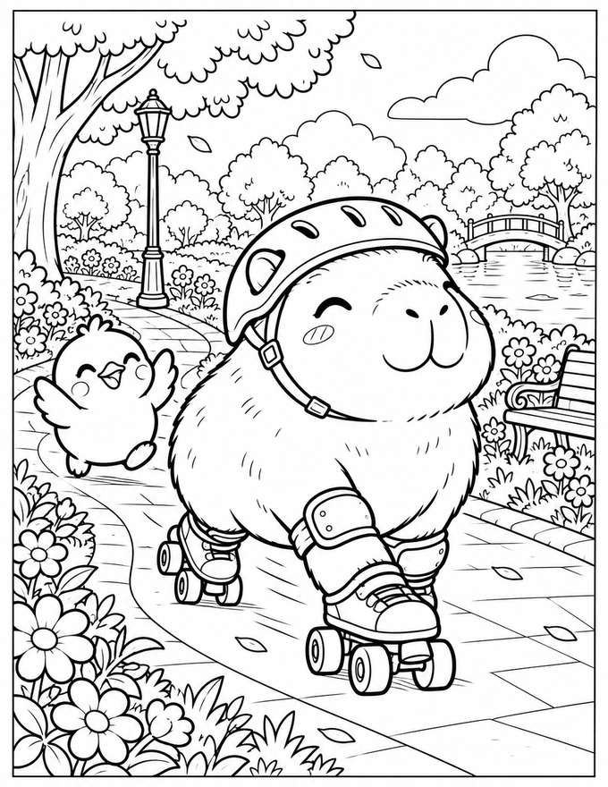 Smiling capybara with helmet and roller skates on a flower-lined park path, with a happy little bird, printable coloring page
