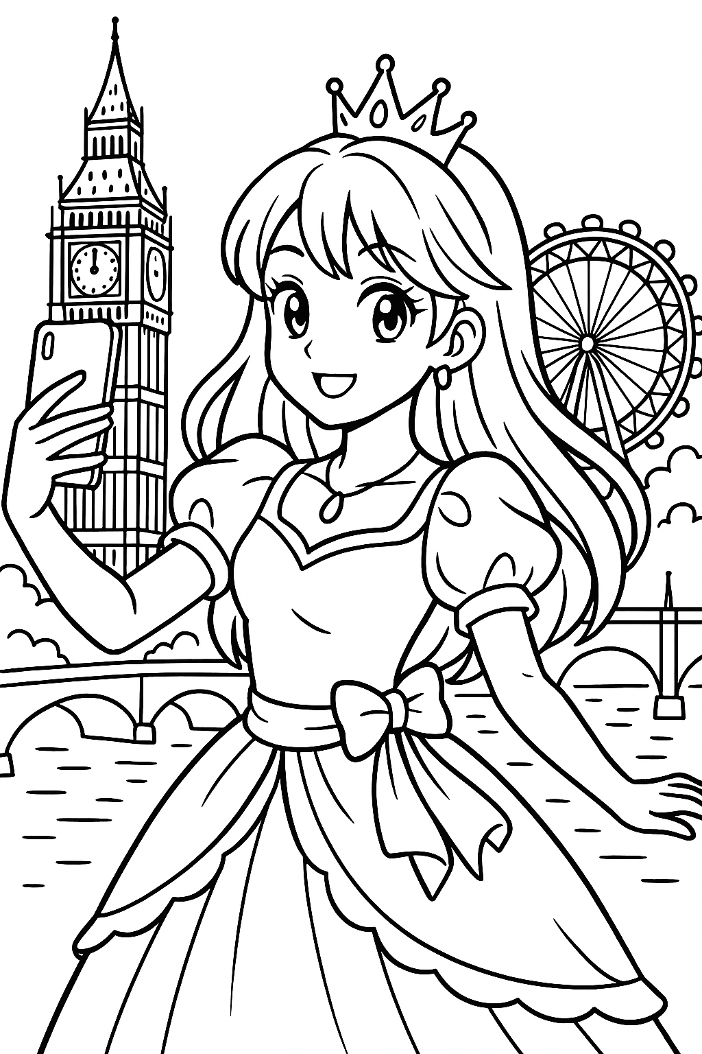 Coloriage d’une princesse manga prenant un selfie à Londres avec Big Ben, le London Eye et un pont en arrière-plan à imprimer gratuitement