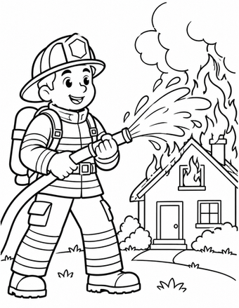 Een brandweerman blust een brandend huis met een krachtige waterslang.