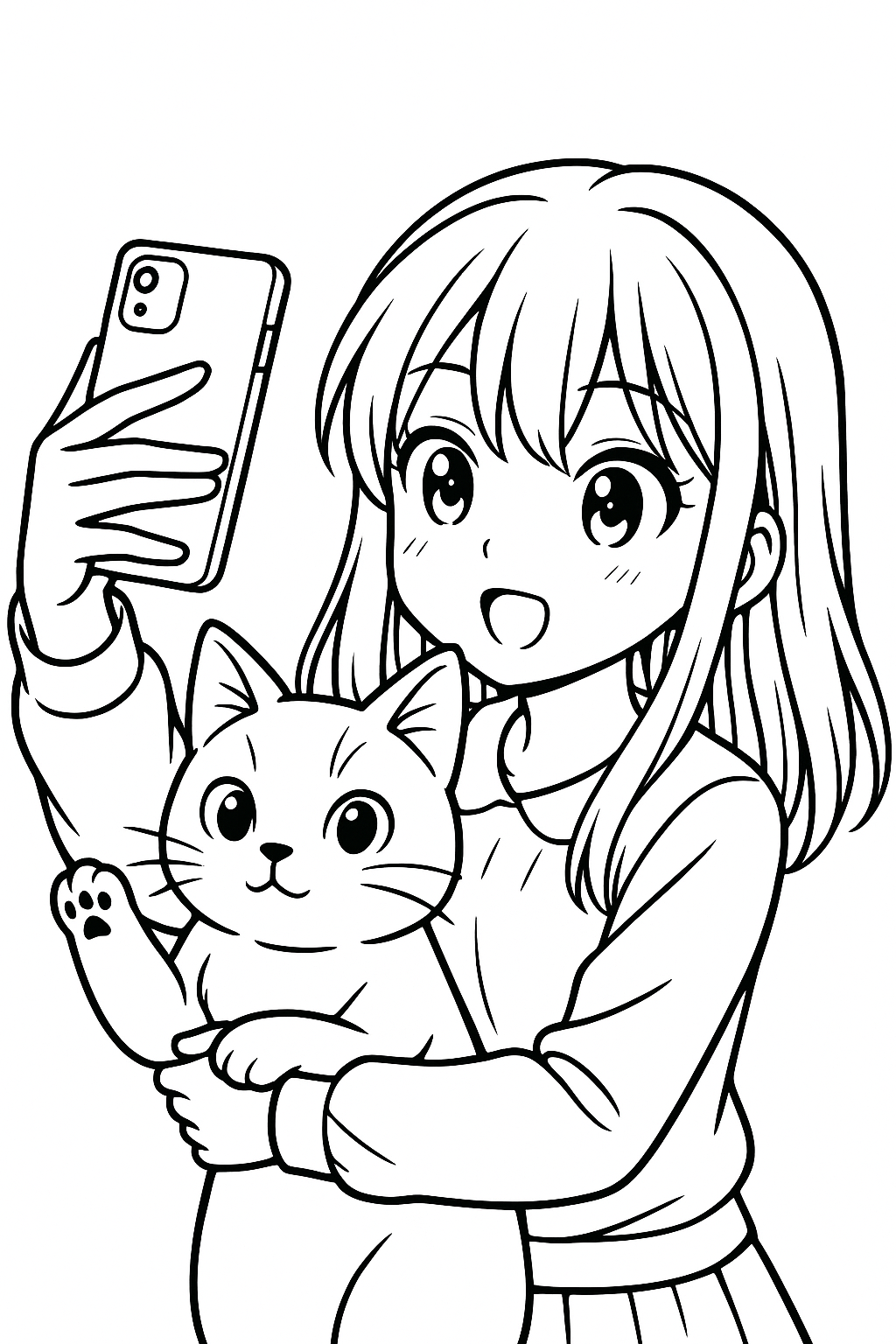 Coloriage d’une fille manga tenant un chat dans ses bras et prenant un selfie avec un téléphone à imprimer gratuitement