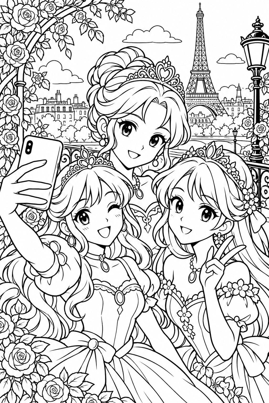 Tres princesas manga sonríen para un selfie delante de la torre Eiffel
