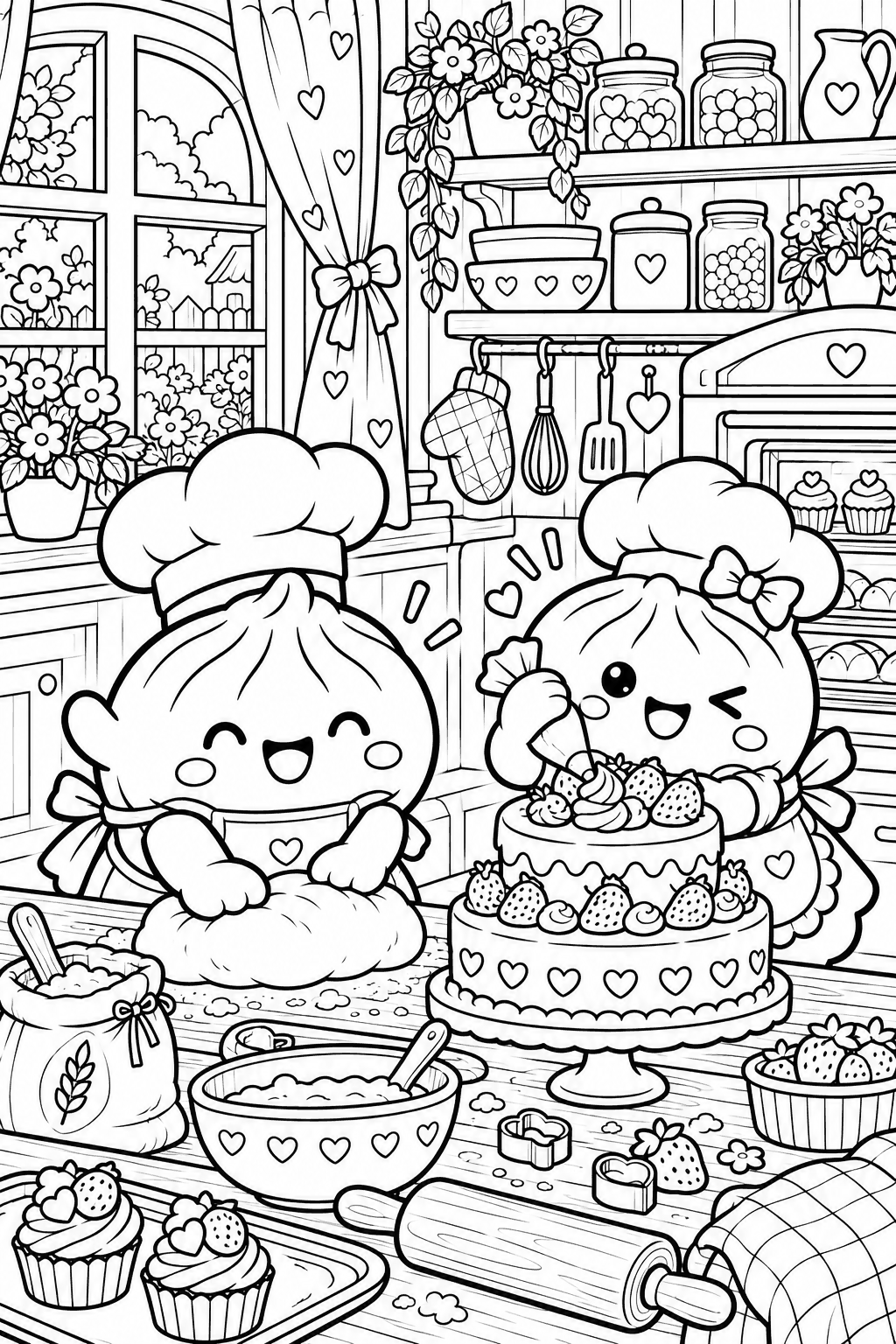Dos dumplings reposteros preparan una tarta en su cocina con flores