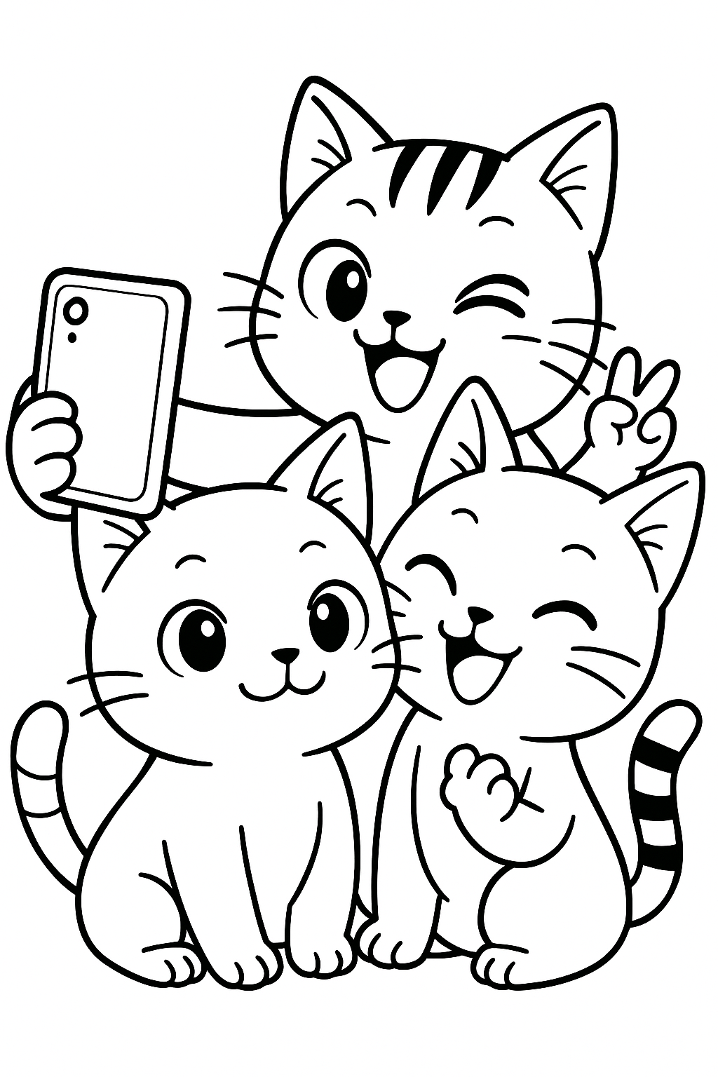 Coloriage de trois chats kawaii prenant un selfie, avec un téléphone et un chat faisant un clin d’œil à imprimer gratuitement