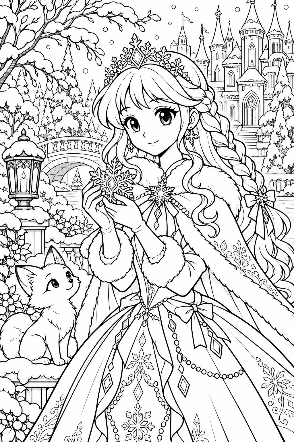 Una princesa con capa de invierno visita un jardín nevado junto a un zorrito