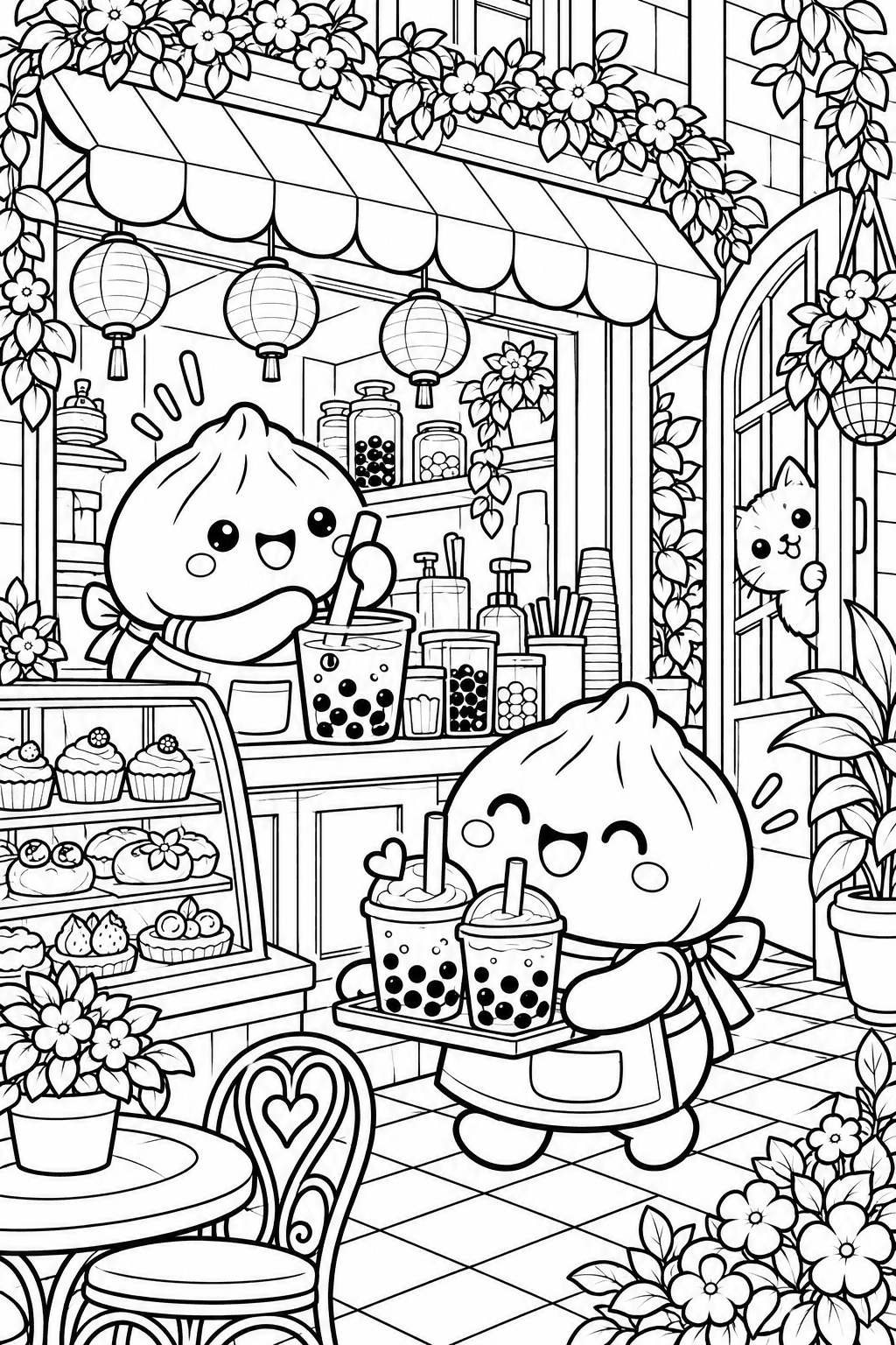 Dos dumplings kawaii te reciben en una cafetería de bubble tea llena de flores
