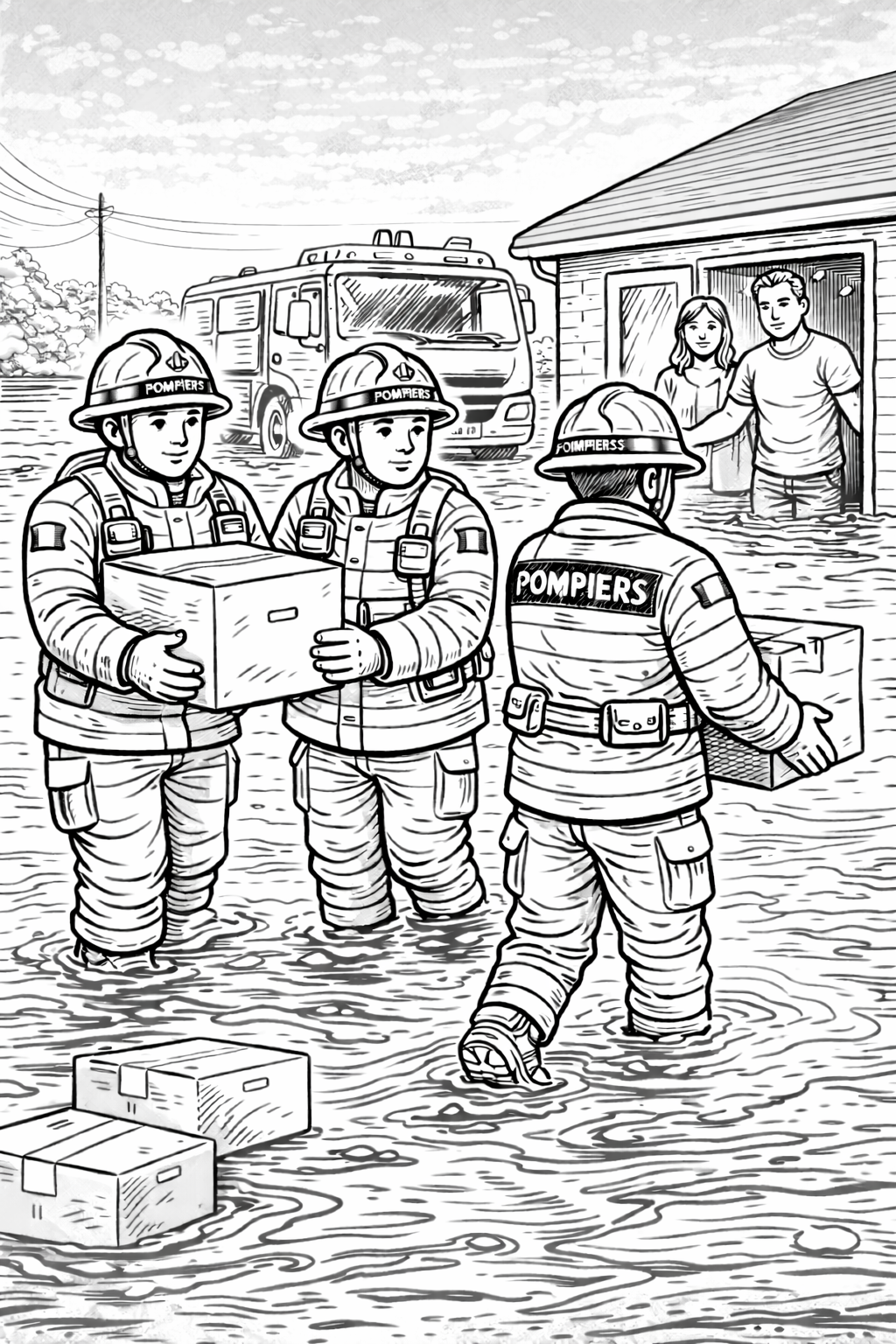 Coloriage de pompiers portant des cartons dans une rue inondée avec des habitants et un camion à imprimer gratuitement
