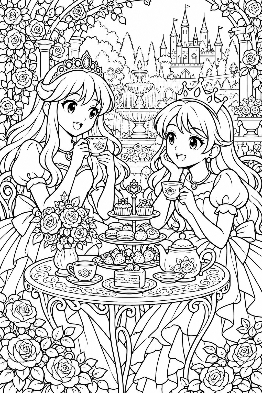 Dos princesas comparten una merienda en una rosaleda junto al castillo