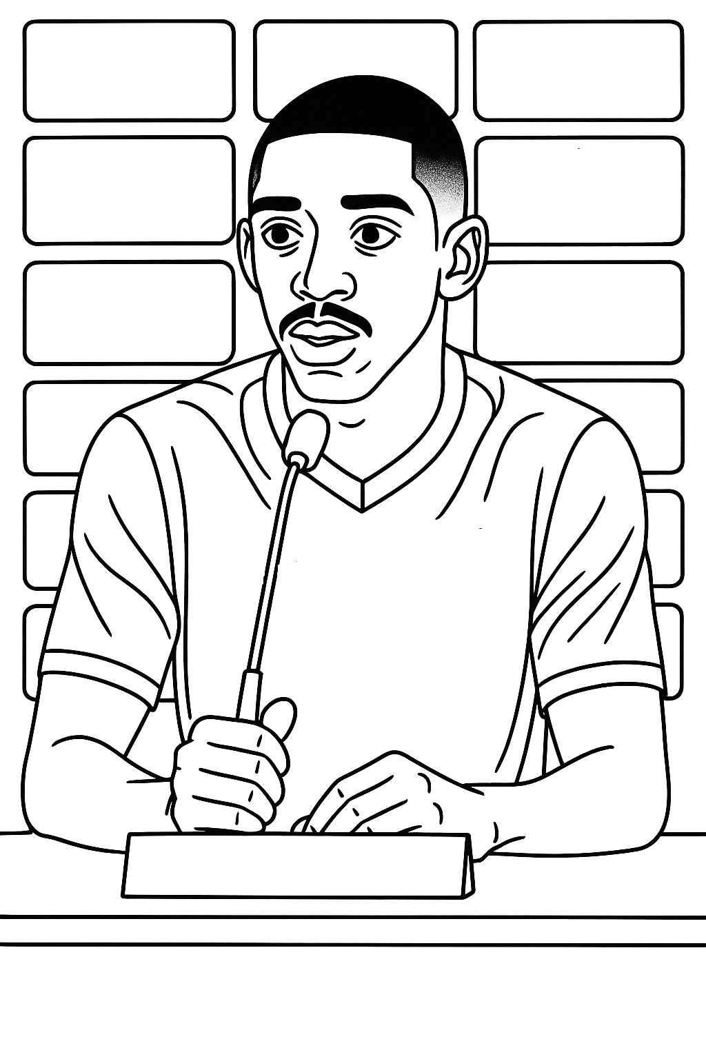 Coloriage d’Ousmane Dembélé assis à une table avec un micro devant des panneaux de conférence de presse à imprimer gratuitement