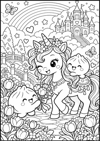 Adorable dumplings meet a unicorn among flowers, clouds, a rainbow, and a fairy-tale castle.