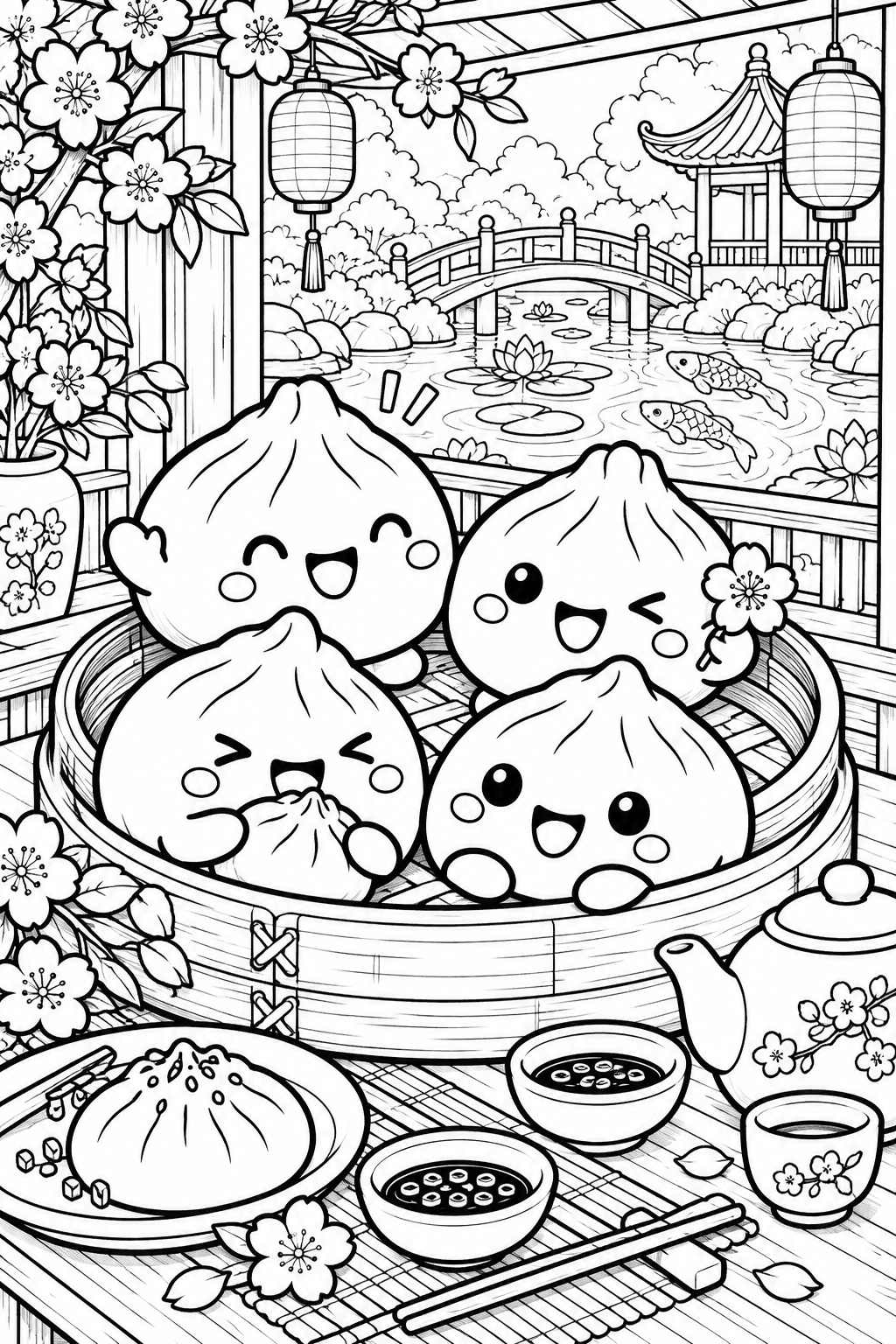 Cuatro dumplings expresivos se reúnen alrededor de una vaporera de bambú