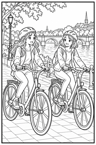 Twee manga-meisjes fietsen met helmen langs een rivier en brug tussen de bomen.