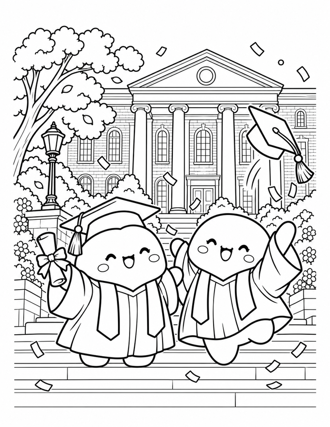 Two cute squishy college graduates wearing caps and gowns with a diploma outside a university campus building