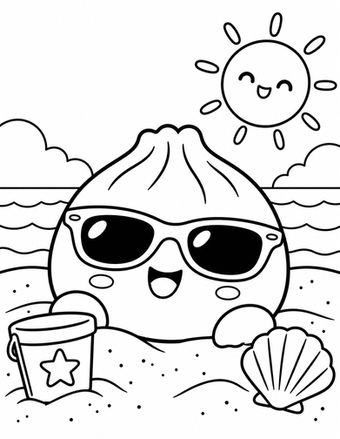 Kawaii-dumpling met zonnebril, emmer en schelp op het strand.