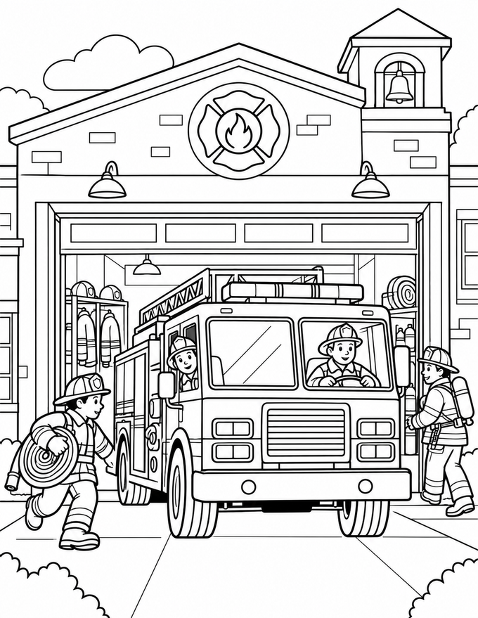 Ausmalbild zum Ausdrucken: Feuerwehrauto verlässt die Wache, schwarz-weiße PNG-Vorlage