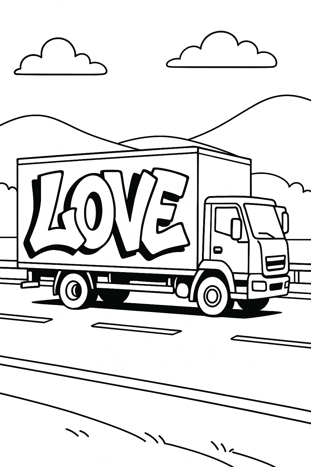 Coloriage d’un camion portant le graffiti LOVE sur sa caisse, roulant sur une route devant des collines à imprimer gratuitement