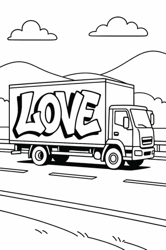 Ausmalbild zum Ausdrucken: Graffiti-LKW mit LOVE-Schriftzug, schwarz-weiße PNG-Vorlage
