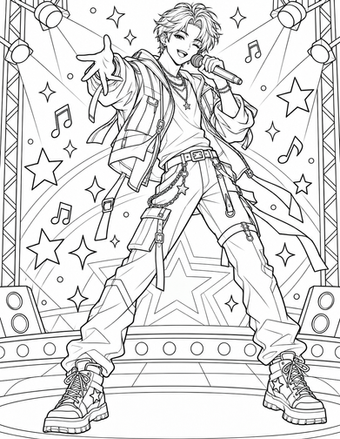An original male K-pop singer performs on stage in streetwear among spotlights and music notes.