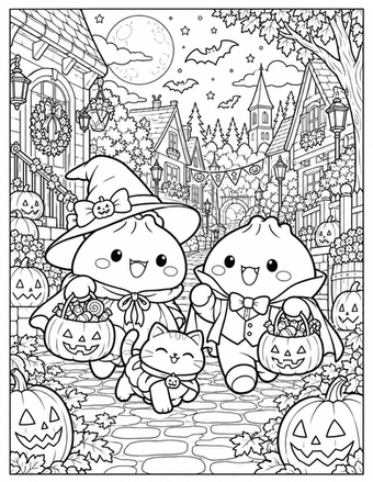 Two adorable squishy friends dress as a witch and a tiny vampire for an unforgettable trick-or-treat adventure. Color the candy-filled pumpkin buckets, friendly cat, autumn village, and Halloween decorations.