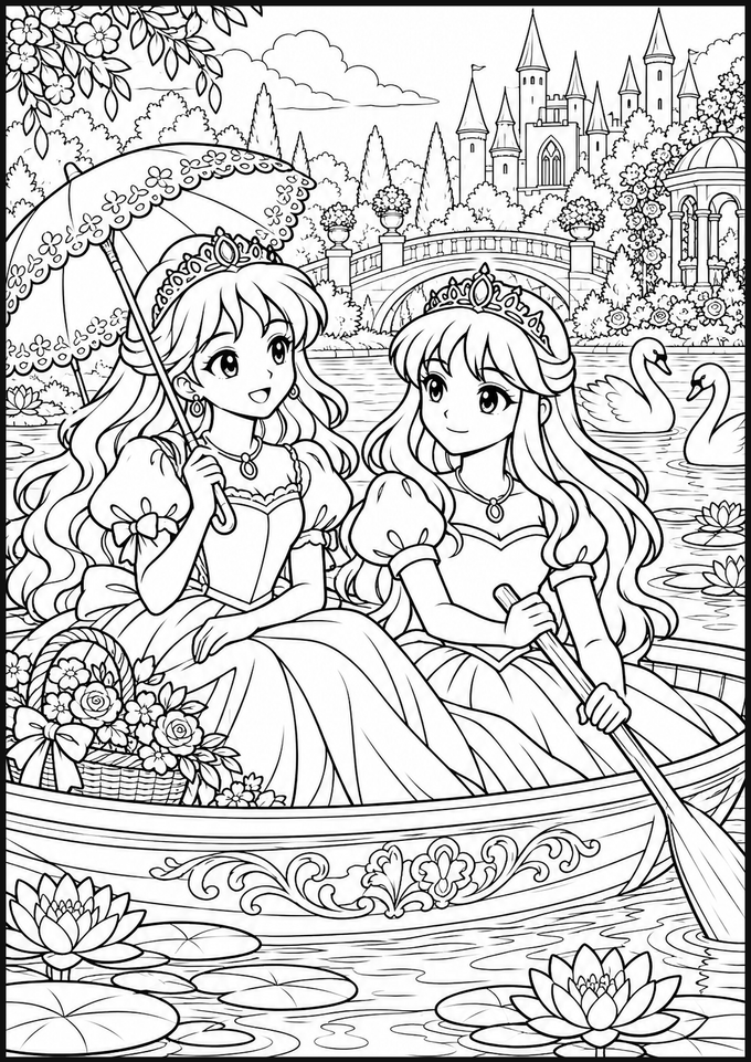 Deux princesses naviguent en barque sur un lac bordé de jardins