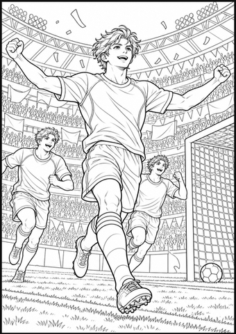 Ausmalbild zum Ausdrucken: Entscheidendes Tor im Fußballspiel, schwarz-weiße PNG-Vorlage